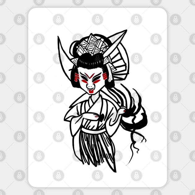 Oni geisha ink drawing - japanese demon geisha Sticker by Ravenglow